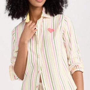 Kerri Rosenthal Pia Button Down Multistripe Shirt With Graphic Heart Size M